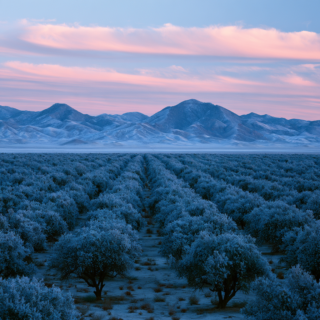 Almond orchard at blue dusk, cropped to a narrow band